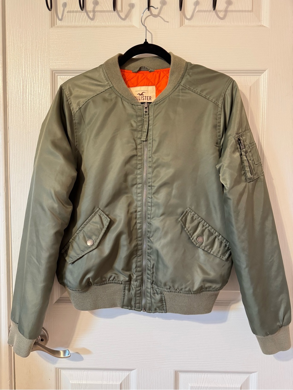 Hollister Olive Green Bomber Jacket with Bright Orange Lining